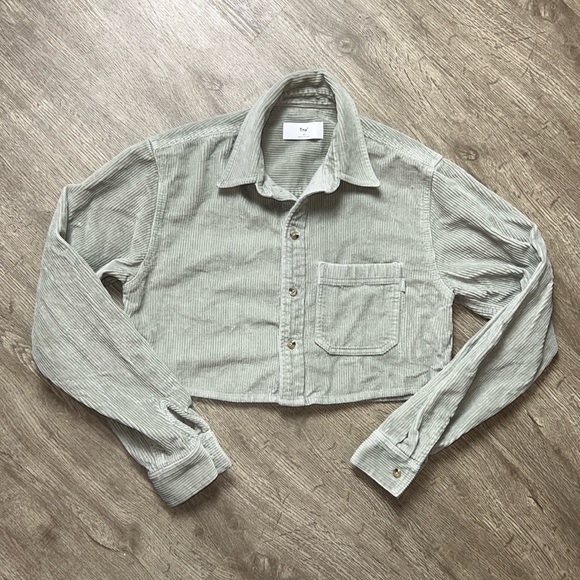 TNA Aritzia Corduroy Union Cropped Button Up Long Sleeve Blouse Dusky Green - Picture 8 of 15
